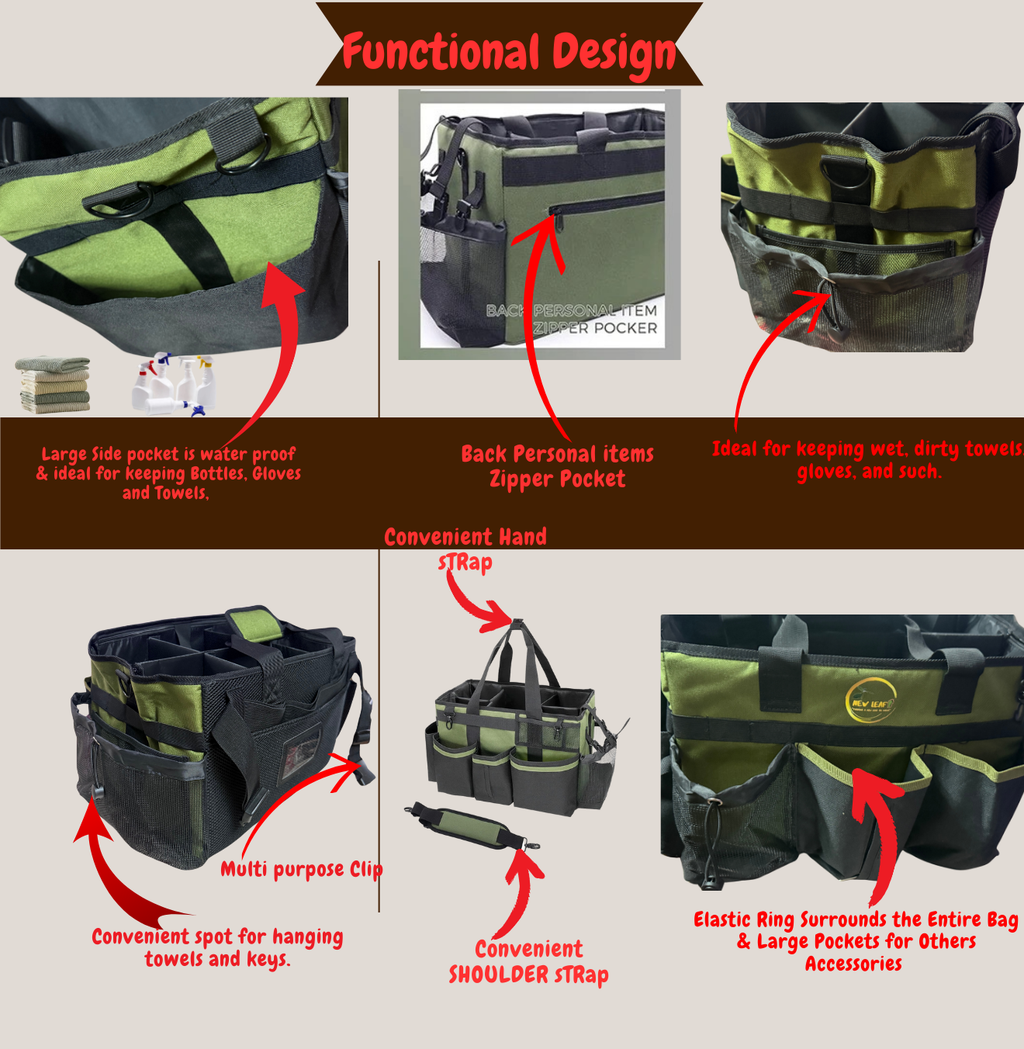 Heavy-Duty organizer Caddy Bag comes with free spray bottle & Towls,Shoulder strap & waist belt.Green,Red,Black