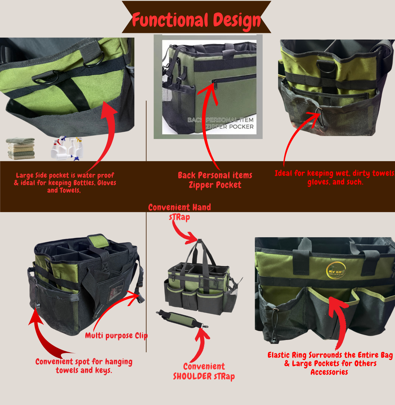 Heavy-Duty organizer Caddy Bag comes with free spray bottle & Towls,Shoulder strap & waist belt.Green,Red,Black