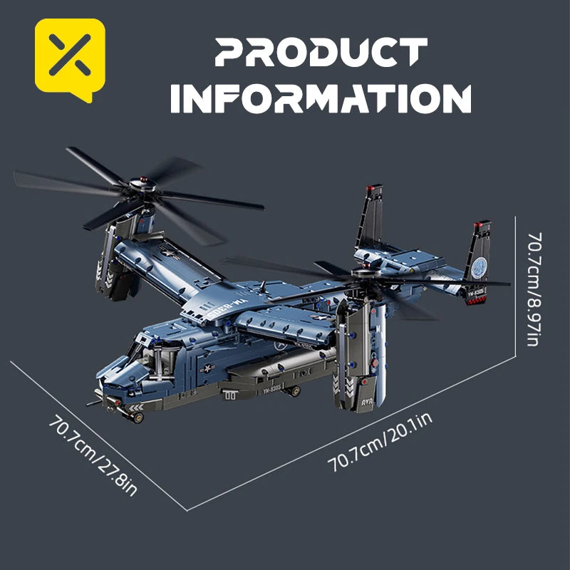 Military V-22 Osprey Tiltrotor Building Blocks Set Large Size High-Fidelity Sliding Roller Aircraft Model Propellers Bricks Toy
