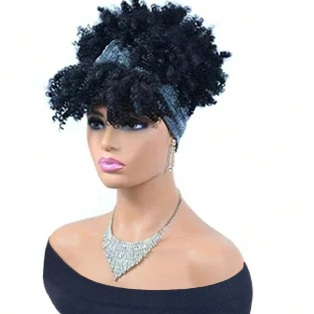 Black Headband Wigs For Women Afro Kinky Curly Wig With Synthetic Short Hair Wigs With Headband Attached Headwrap Wigs