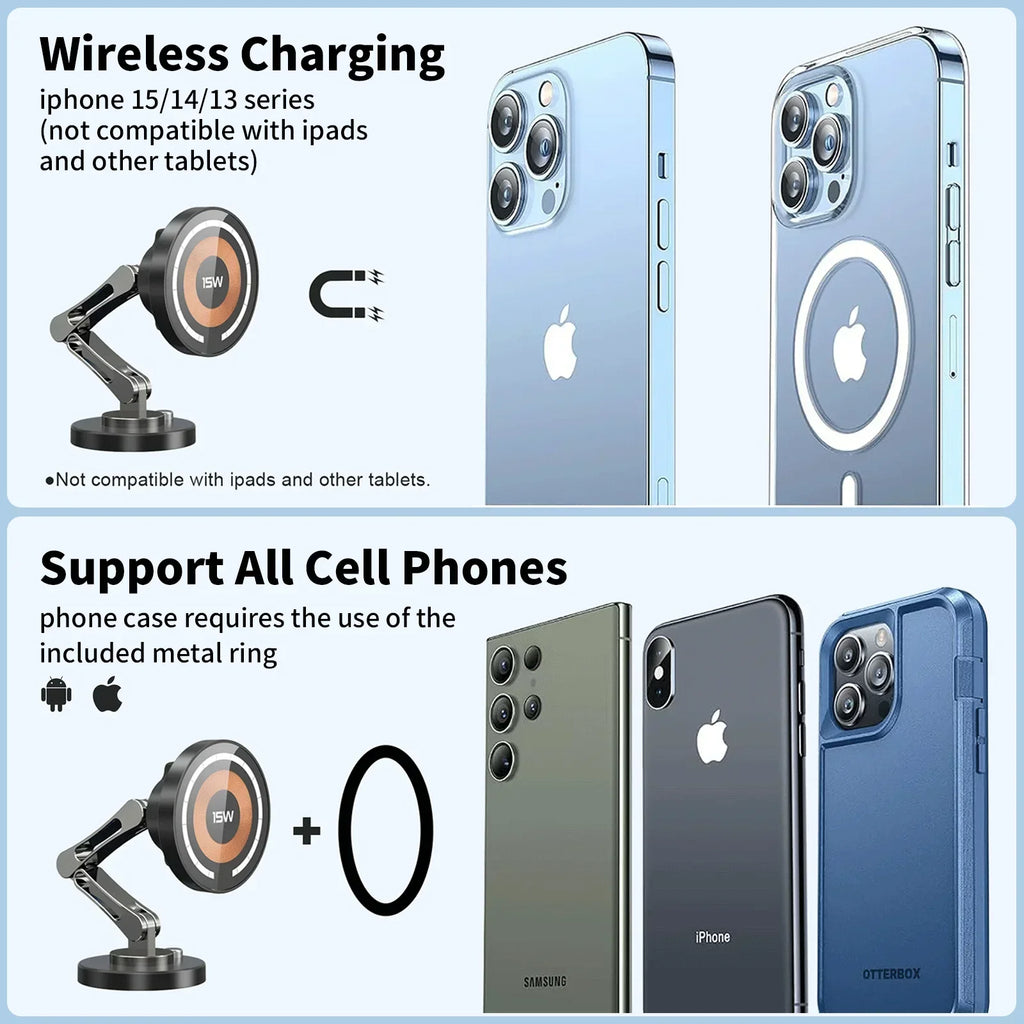 15W Magnetic Car Phone Holder Mount Wireless Charger Rotation Magnetic Car Phone Stand Fast Charging for IPhone 16 15 14 13 12