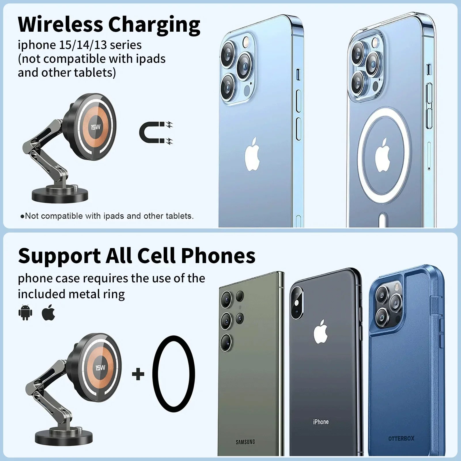 15W Magnetic Car Phone Holder Mount Wireless Charger Rotation Magnetic Car Phone Stand Fast Charging for IPhone 16 15 14 13 12