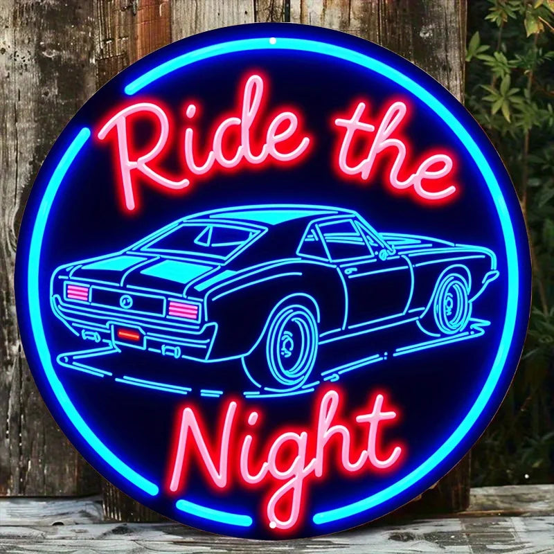 Vintage Muscle Car Neon Sign 7.8" Aluminum Wall Art - 'Night Ride' Blue & White Bar Cafe Beach Decor