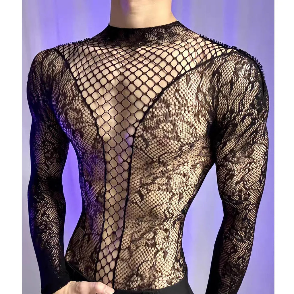 Summer Men's Mesh Tank Transparent Full Sleeves Round Neck T-shirt MenWomen Comfortable Breathable Bodysuit Trend Party Clothing