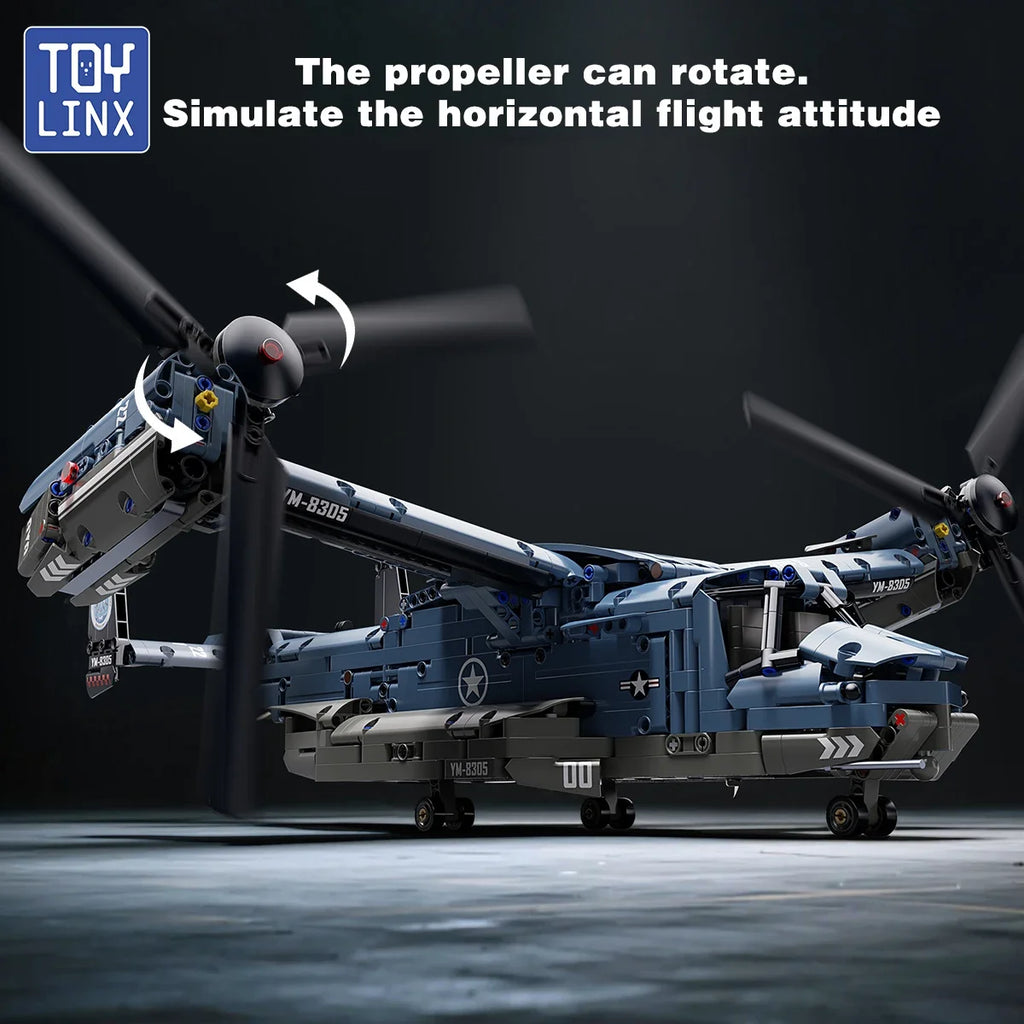 Military V-22 Osprey Tiltrotor Building Blocks Set Large Size High-Fidelity Sliding Roller Aircraft Model Propellers Bricks Toy