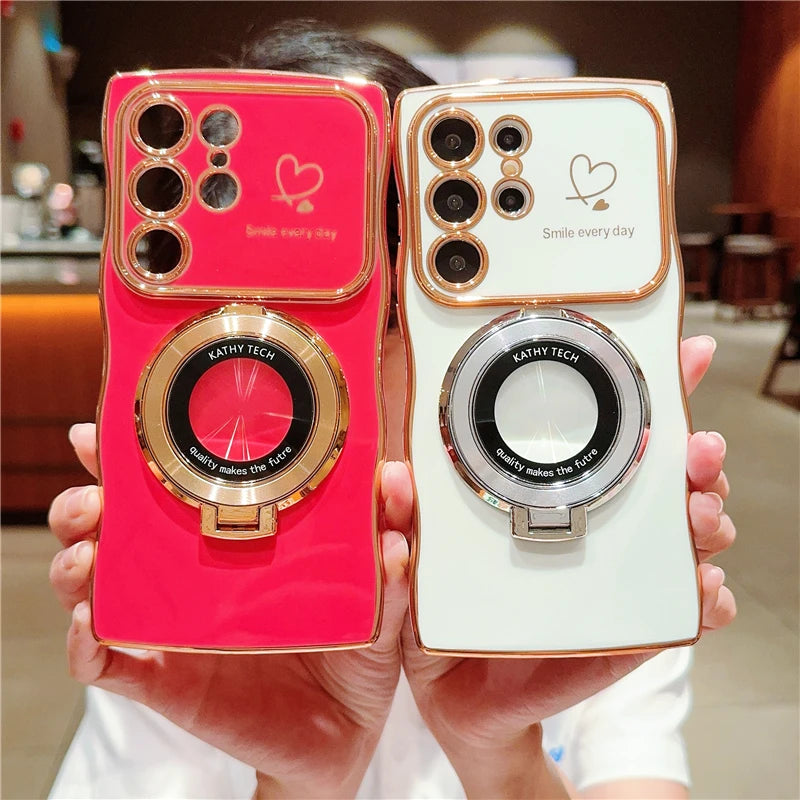 Rotatable Magnetic Kickstand Silicone Phone Case For Samsung S26 Ultra S25Edge S24/23FE S22 Plus Electroplating Love Heart Shell