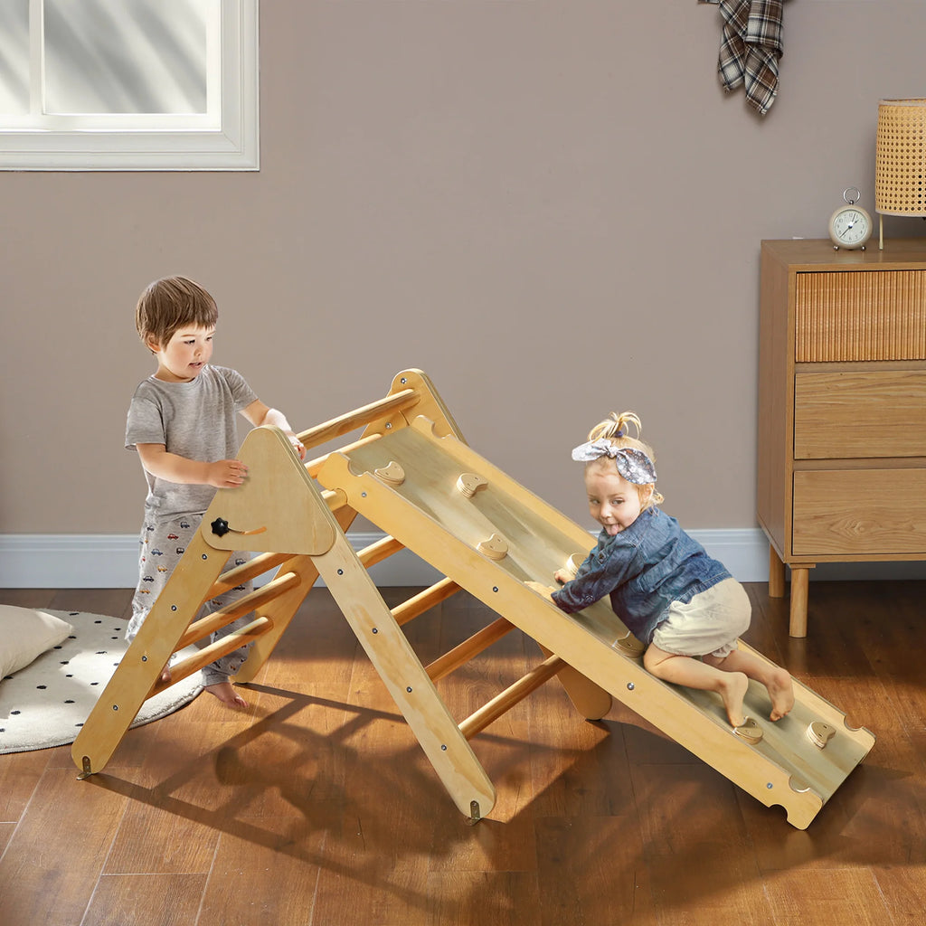 3-in-1 Wooden Climbing Triangle with Ramp for Sliding or Climbing 147X64.5X63 cm Natural