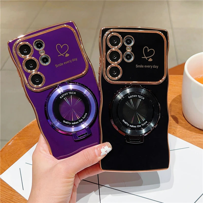 Rotatable Magnetic Kickstand Silicone Phone Case For Samsung S26 Ultra S25Edge S24/23FE S22 Plus Electroplating Love Heart Shell