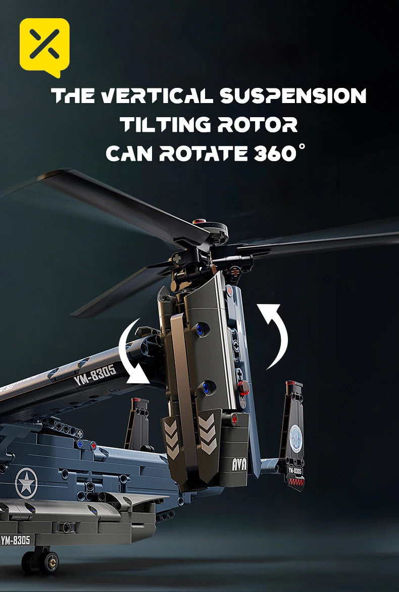 Military V-22 Osprey Tiltrotor Building Blocks Set Large Size High-Fidelity Sliding Roller Aircraft Model Propellers Bricks Toy
