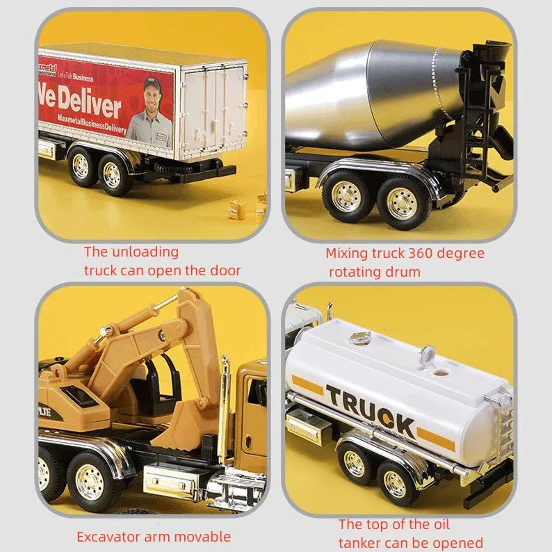 1:50 Alloy Model Truck Engineering Vehicle Excavator Bulldozer Head Dumper Crane Tanker Garbage Truck Toys For Children's Gifts