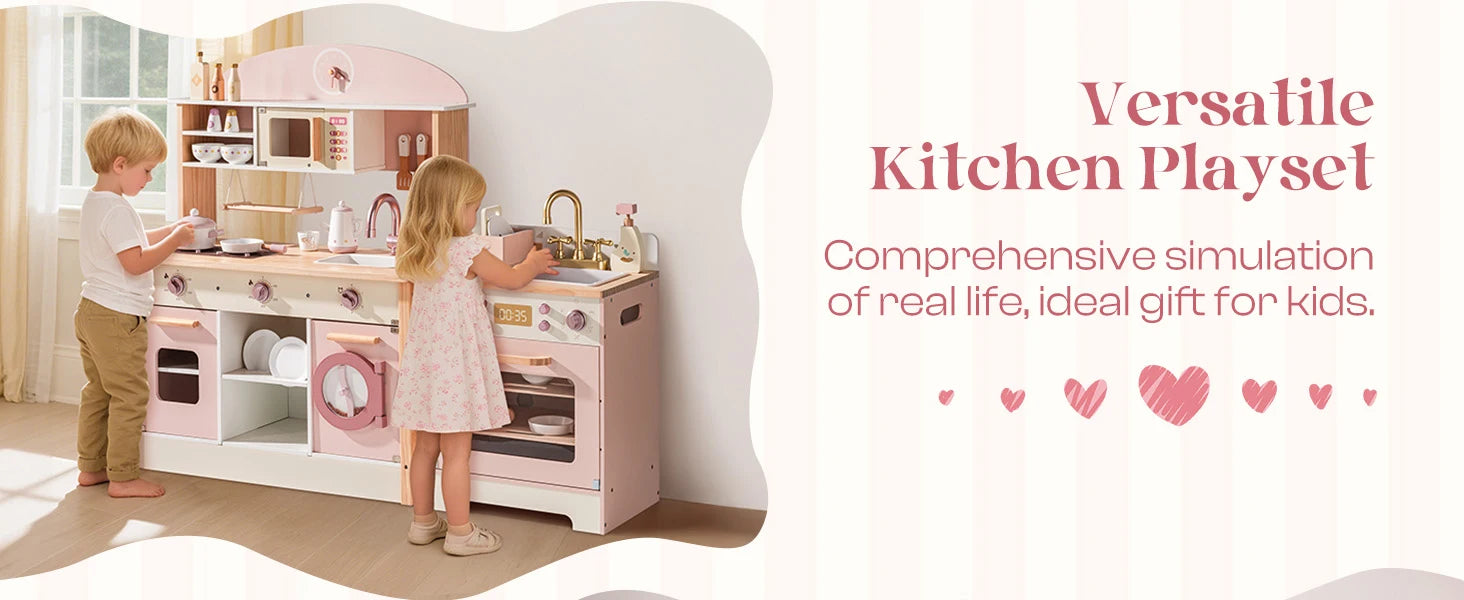 Robotime Robud Kids Corner Kitchen Playset Wooden Play Kitchen Set with Realistic Sound Pretend Play Gift for Boys Girls Pink