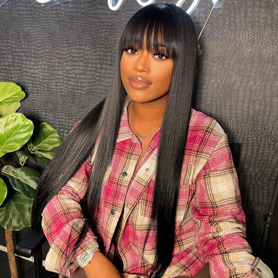 Straight Human Hair Wig Black Color Full Woven With Bangs 3x1 Lace Wig Straight Wigs Brazilian Full Machine Made Wigs For Women
