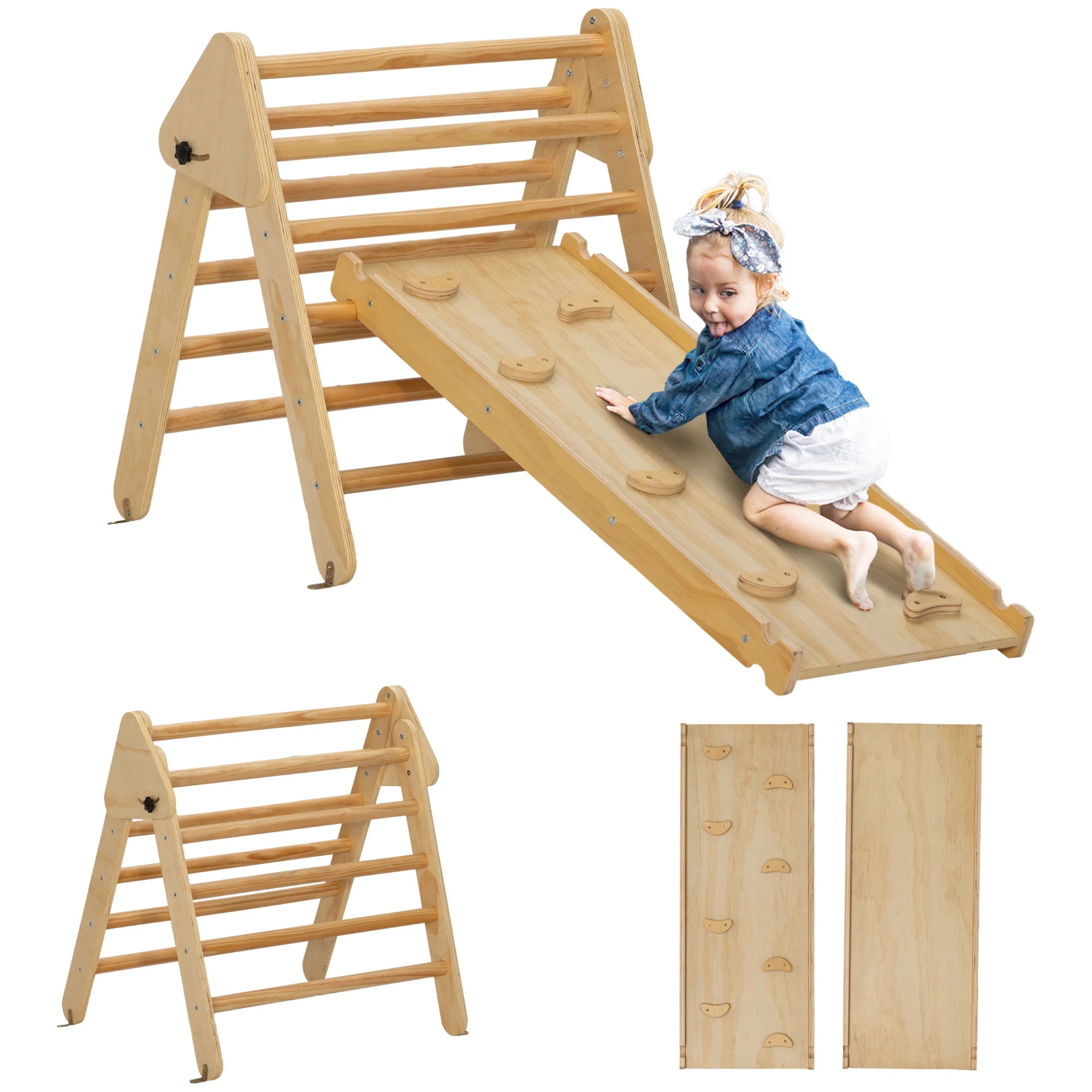 3-in-1 Wooden Climbing Triangle with Ramp for Sliding or Climbing 147X64.5X63 cm Natural