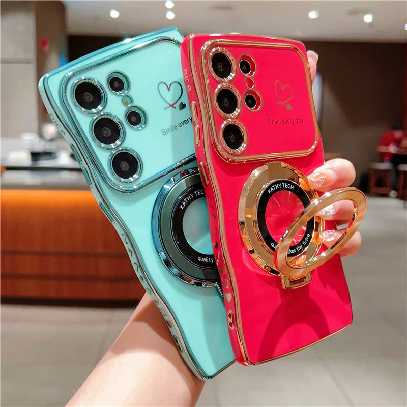 Rotatable Magnetic Kickstand Silicone Phone Case For Samsung S26 Ultra S25Edge S24/23FE S22 Plus Electroplating Love Heart Shell