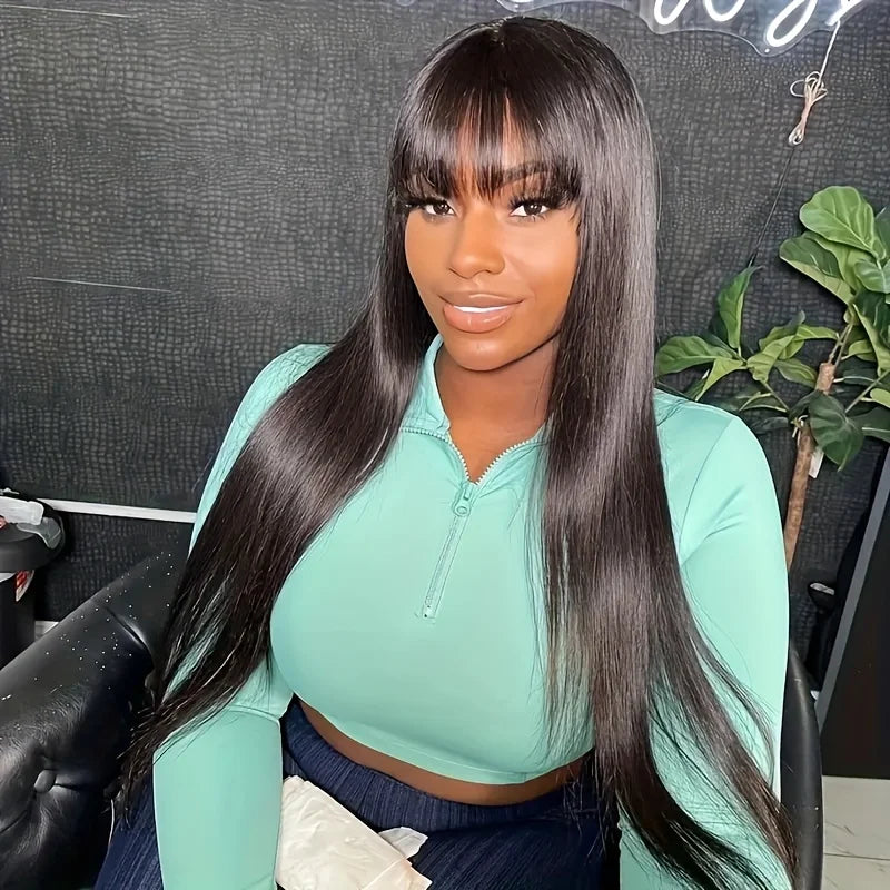 Straight Human Hair Wig Black Color Full Woven With Bangs 3x1 Lace Wig Straight Wigs Brazilian Full Machine Made Wigs For Women