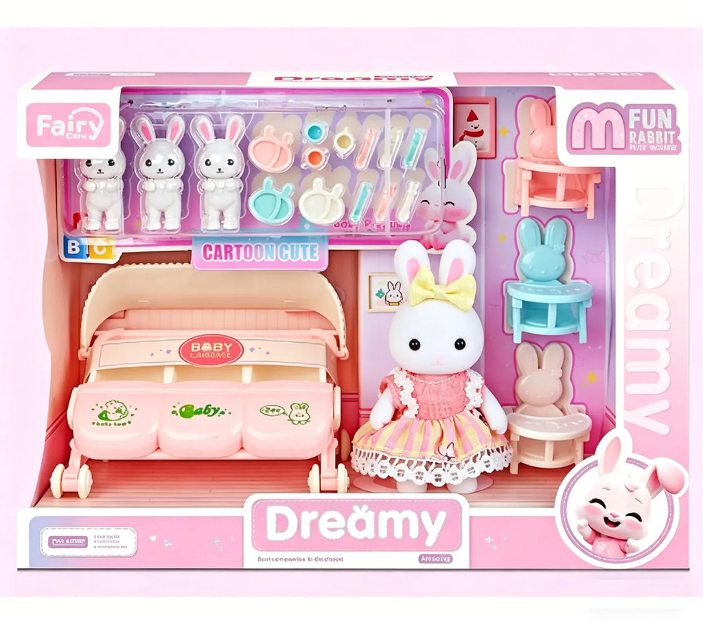 Dollhouse Furniture Miniature Bunny Nursery Pretend Play Set with Dolls & Stroller Kids Role Play Toy Toddlers Birthday Gifts