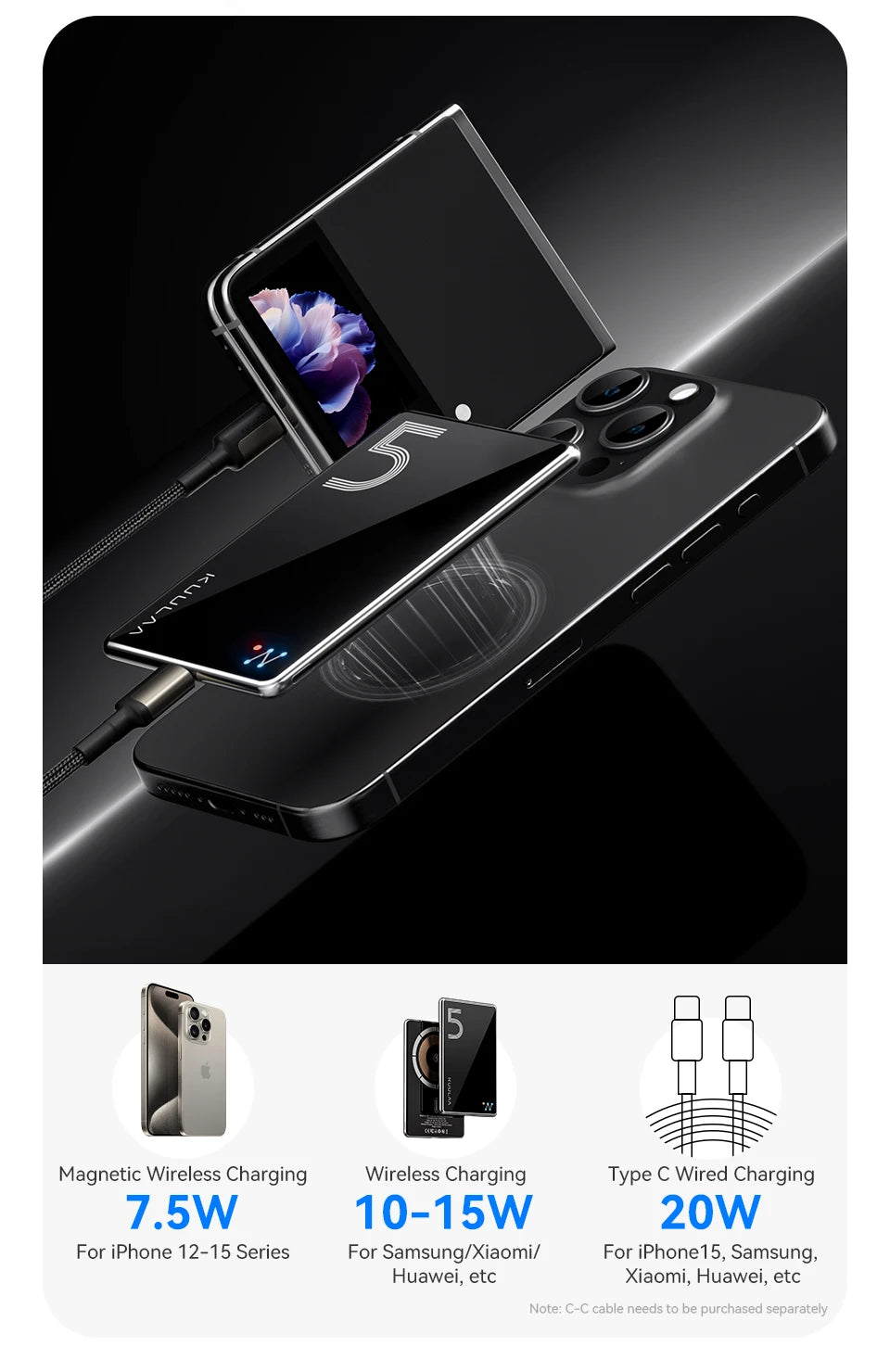 KUULAA Magnetic Power Bank 5000mAh Magnetic Wireless Phone Charger External Battery 20W Fast Charging For iPhone 17 16 PowerBank
