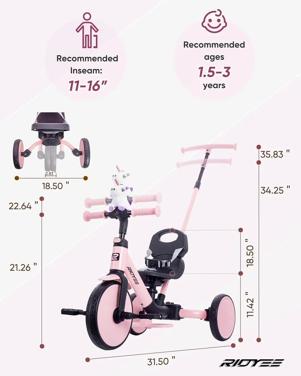 5-in-1 Convertible Kids Tricycle for Toddlers 1.5-3, Tool-Free Push Trike to Balance Bike with Safety Belt, Pink Ride-On Toy