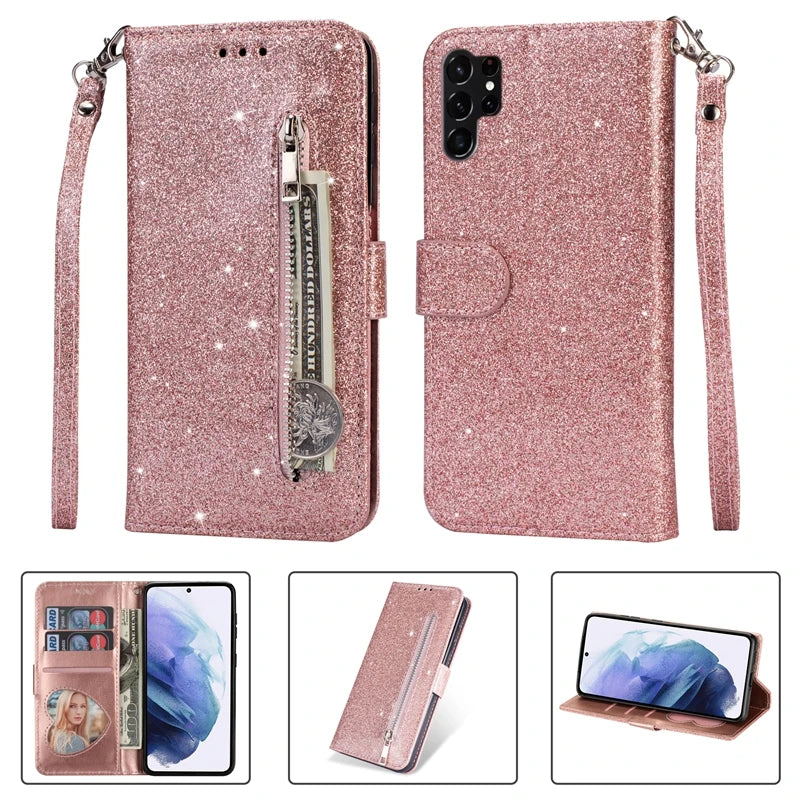 Wallet Glitter Zipper Flip Leather Case For Samsung Galaxy S25 Edge S24 S23 S22 Ultra S21/S20 FE A15 A16 A17 A35 A36 A54 A55 A56