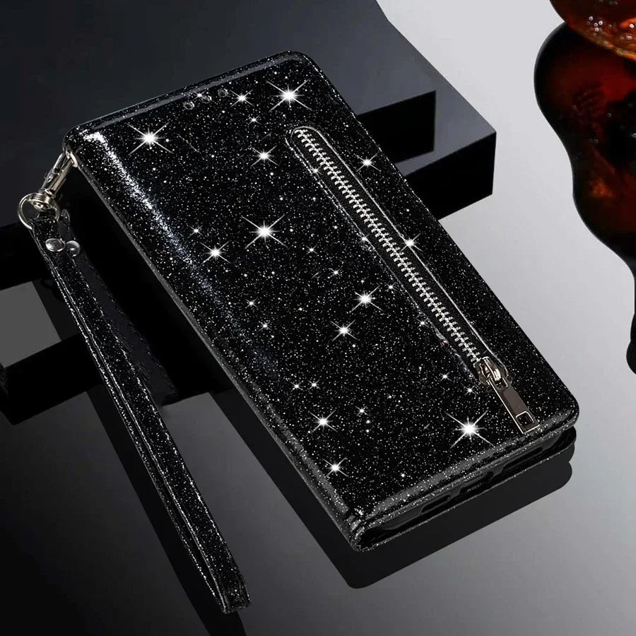 Wallet Glitter Zipper Flip Leather Case For Samsung Galaxy S25 Edge S24 S23 S22 Ultra S21/S20 FE A15 A16 A17 A35 A36 A54 A55 A56
