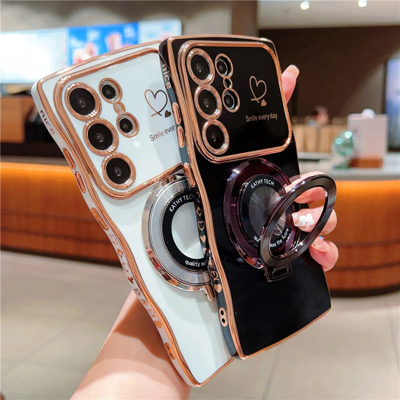 Rotatable Magnetic Kickstand Silicone Phone Case For Samsung S26 Ultra S25Edge S24/23FE S22 Plus Electroplating Love Heart Shell