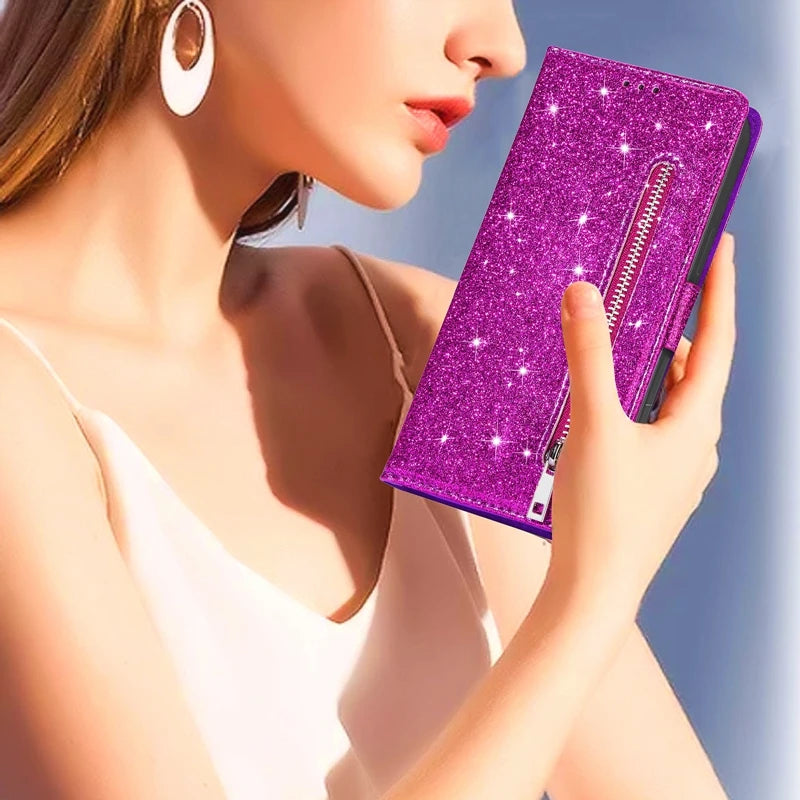 Wallet Glitter Zipper Flip Leather Case For Samsung Galaxy S25 Edge S24 S23 S22 Ultra S21/S20 FE A15 A16 A17 A35 A36 A54 A55 A56