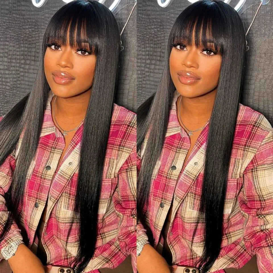 Straight Human Hair Wig Black Color Full Woven With Bangs 3x1 Lace Wig Straight Wigs Brazilian Full Machine Made Wigs For Women
