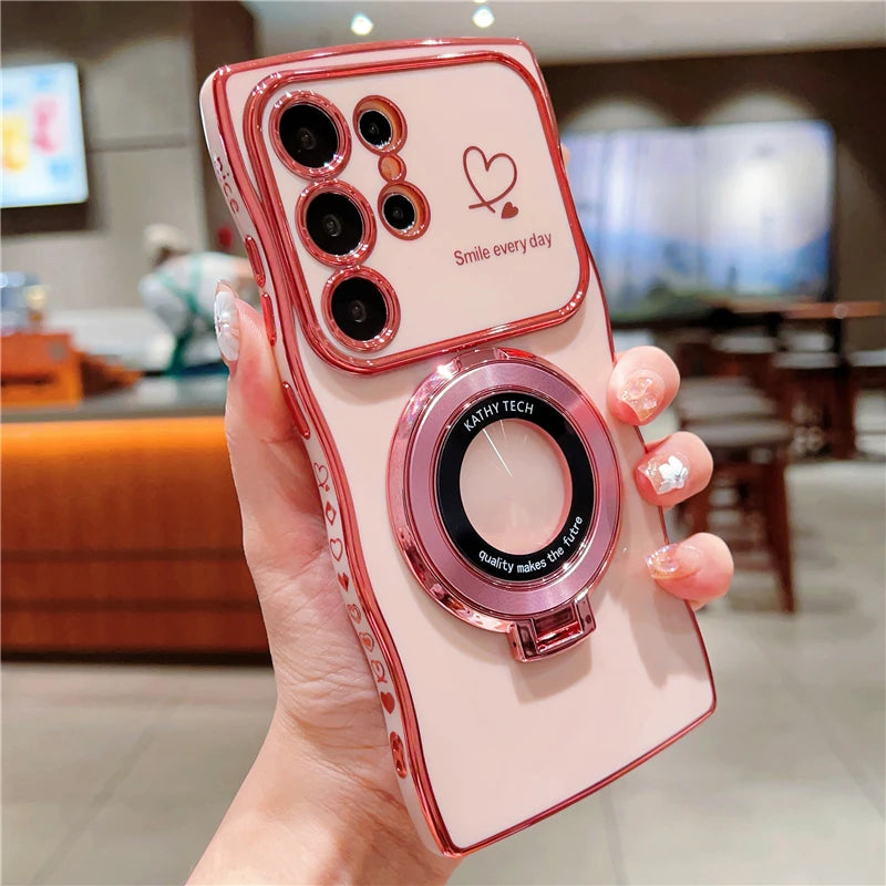 Rotatable Magnetic Kickstand Silicone Phone Case For Samsung S26 Ultra S25Edge S24/23FE S22 Plus Electroplating Love Heart Shell