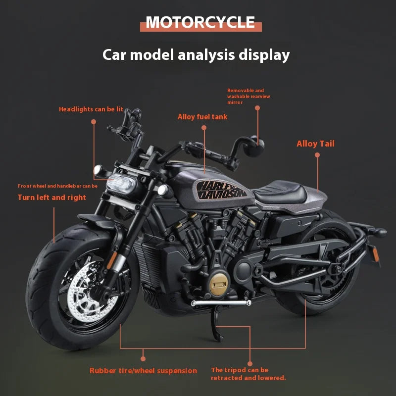 Simulation 1/12 Davidson SPORTSTER-S Off-road Alloy Motorcycle, Model Ornaments for Children Toys for Boys Holiday Gifts