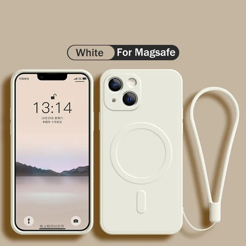 For Magsafe Magnetic Wireless Charge Case for IPhone 15 16 14 13 12 11 Pro Max Mini XR XS Plus Soft Liquid Silicone Strap Cover