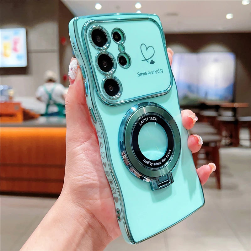 Rotatable Magnetic Kickstand Silicone Phone Case For Samsung S26 Ultra S25Edge S24/23FE S22 Plus Electroplating Love Heart Shell