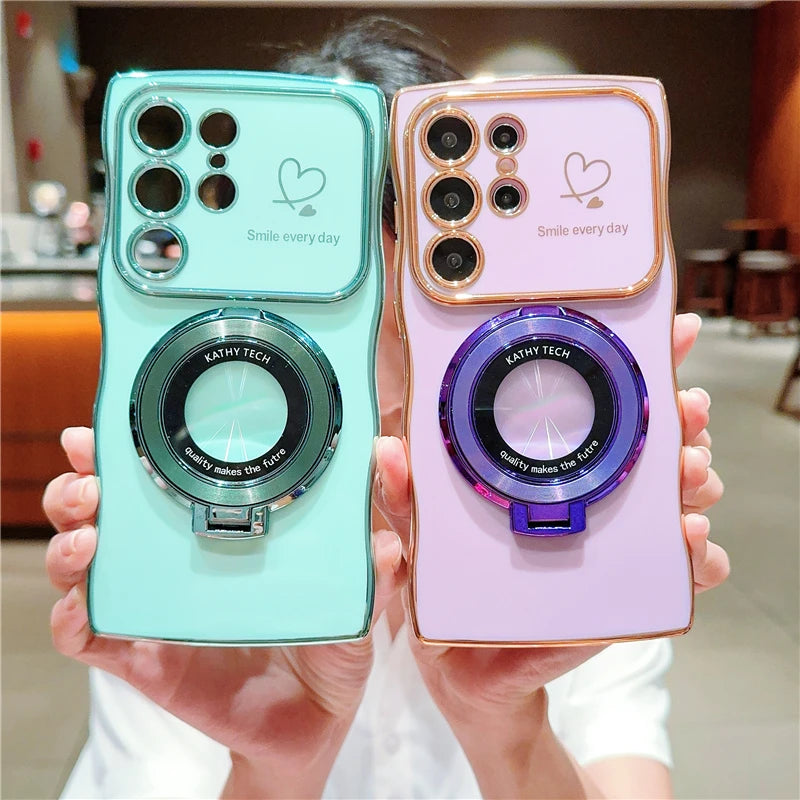 Rotatable Magnetic Kickstand Silicone Phone Case For Samsung S26 Ultra S25Edge S24/23FE S22 Plus Electroplating Love Heart Shell