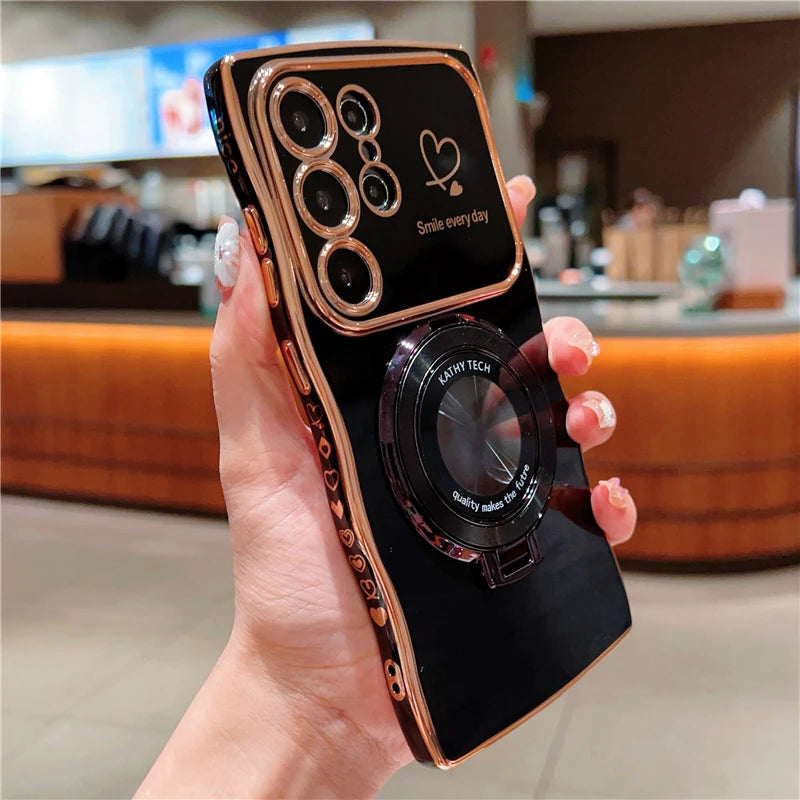Rotatable Magnetic Kickstand Silicone Phone Case For Samsung S26 Ultra S25Edge S24/23FE S22 Plus Electroplating Love Heart Shell