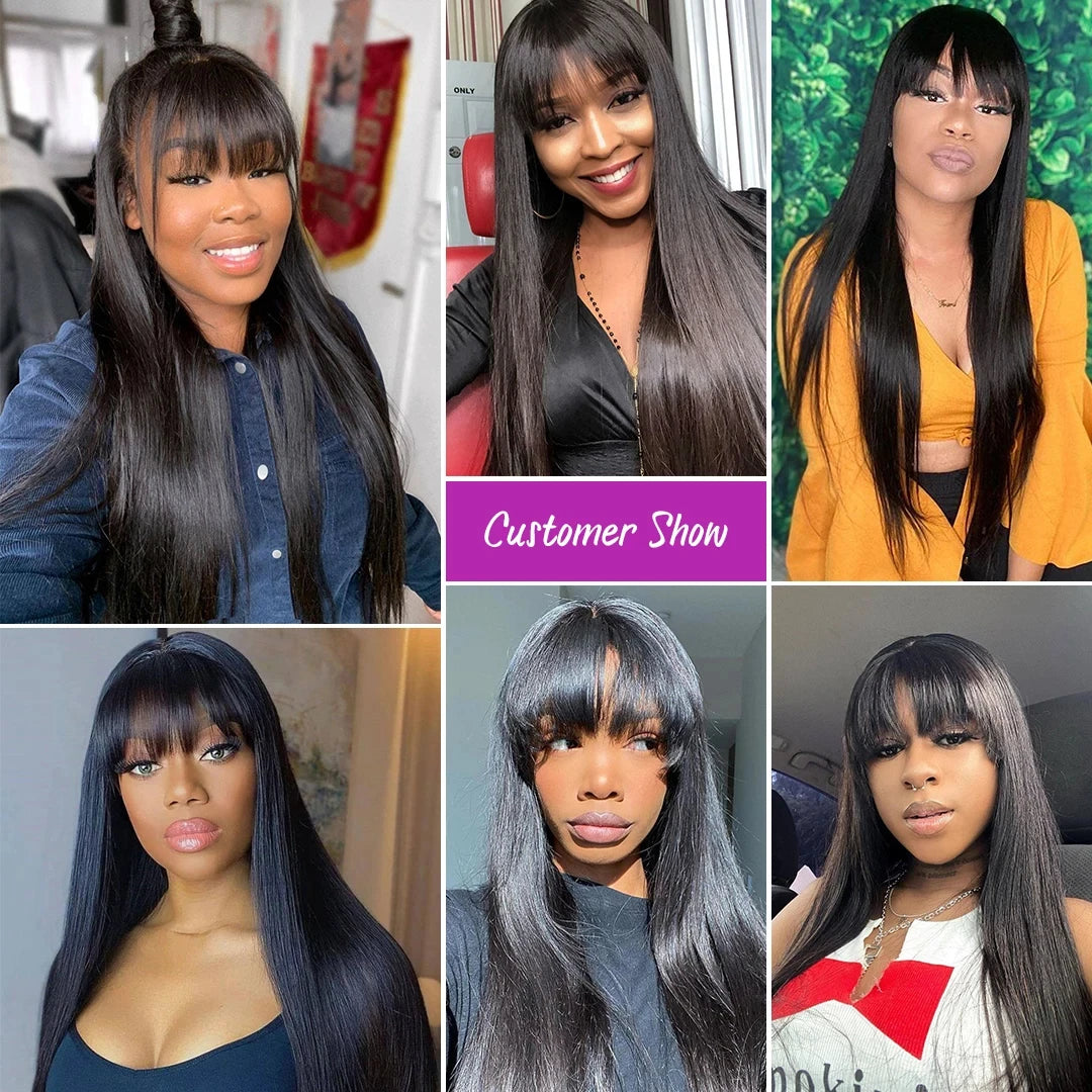 Straight Human Hair Wig Black Color Full Woven With Bangs 3x1 Lace Wig Straight Wigs Brazilian Full Machine Made Wigs For Women