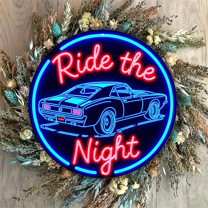 Vintage Muscle Car Neon Sign 7.8" Aluminum Wall Art - 'Night Ride' Blue & White Bar Cafe Beach Decor