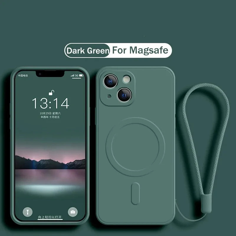 For Magsafe Magnetic Wireless Charge Case for IPhone 15 16 14 13 12 11 Pro Max Mini XR XS Plus Soft Liquid Silicone Strap Cover