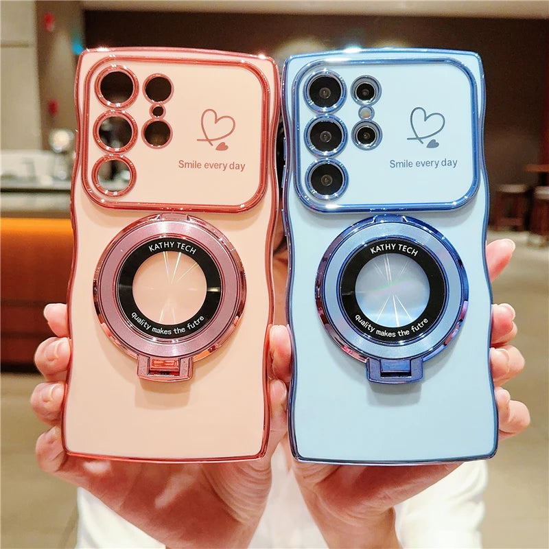 Rotatable Magnetic Kickstand Silicone Phone Case For Samsung S26 Ultra S25Edge S24/23FE S22 Plus Electroplating Love Heart Shell