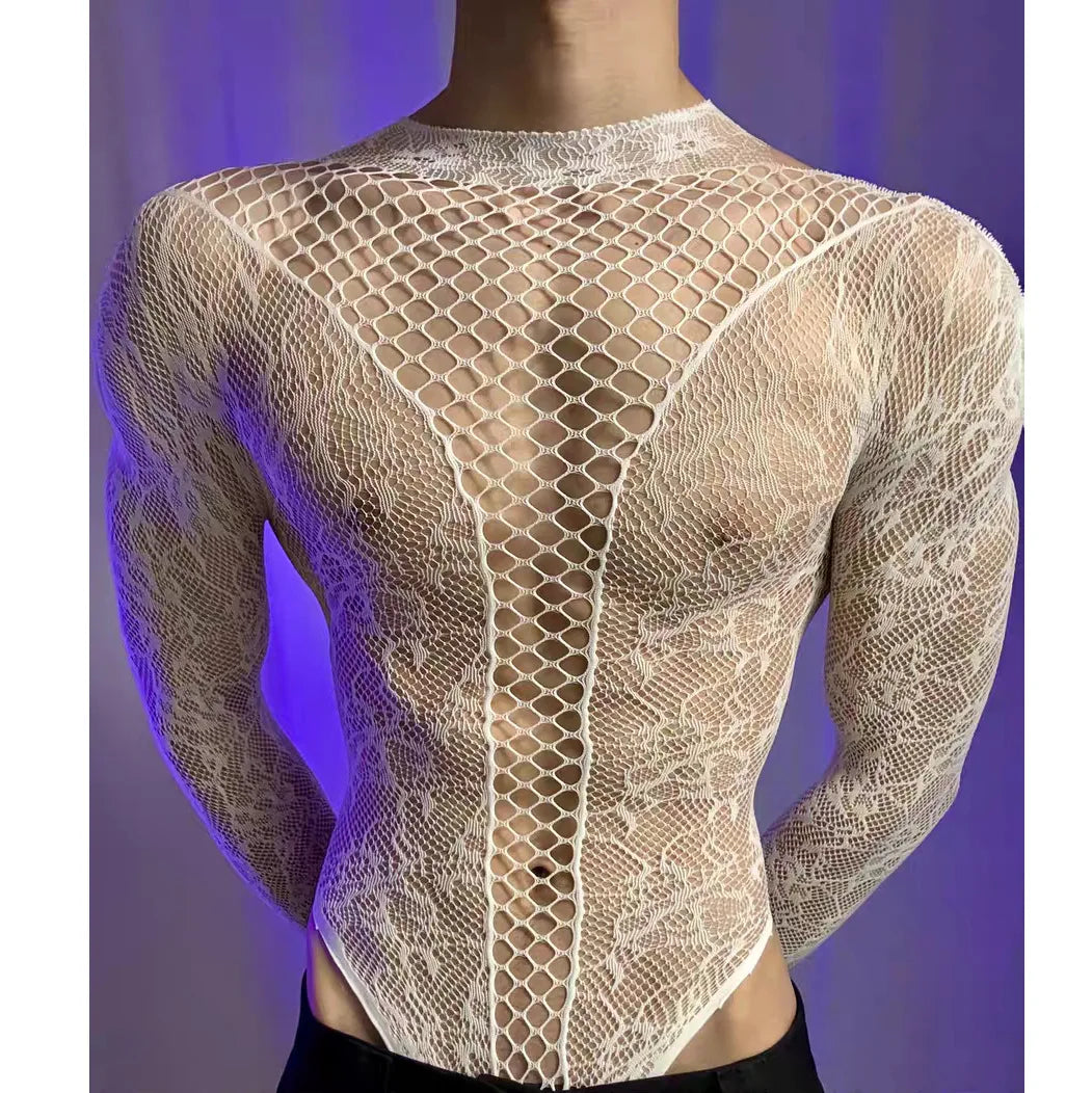 Summer Men's Mesh Tank Transparent Full Sleeves Round Neck T-shirt MenWomen Comfortable Breathable Bodysuit Trend Party Clothing