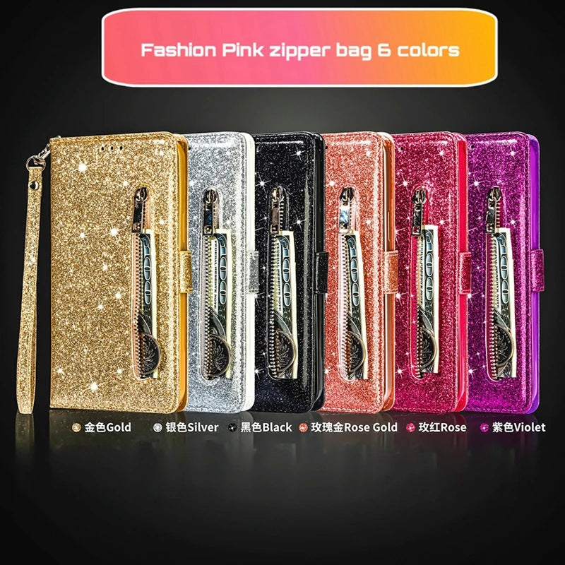 Wallet Glitter Zipper Flip Leather Case For Samsung Galaxy S25 Edge S24 S23 S22 Ultra S21/S20 FE A15 A16 A17 A35 A36 A54 A55 A56