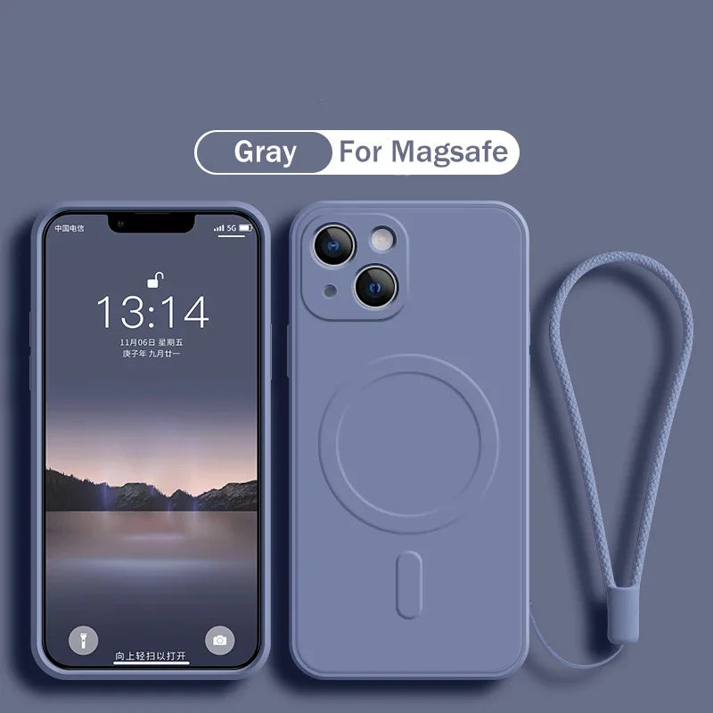 For Magsafe Magnetic Wireless Charge Case for IPhone 15 16 14 13 12 11 Pro Max Mini XR XS Plus Soft Liquid Silicone Strap Cover
