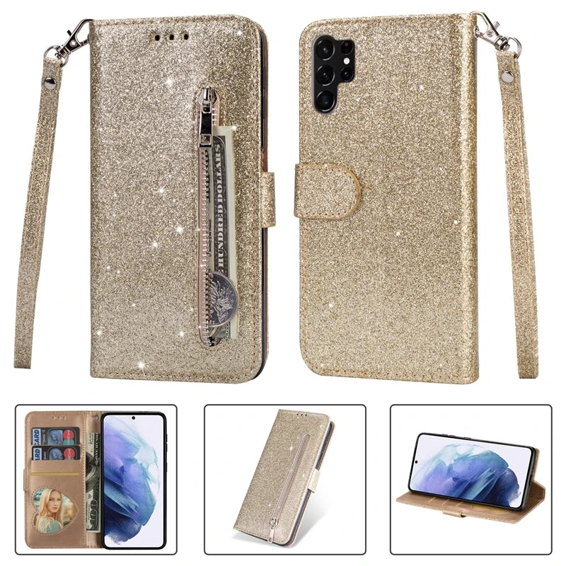 Wallet Glitter Zipper Flip Leather Case For Samsung Galaxy S25 Edge S24 S23 S22 Ultra S21/S20 FE A15 A16 A17 A35 A36 A54 A55 A56