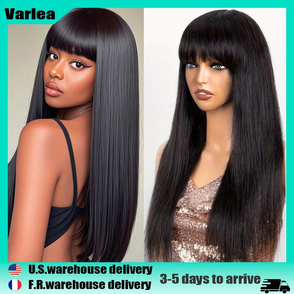 Straight Human Hair Wig Black Color Full Woven With Bangs 3x1 Lace Wig Straight Wigs Brazilian Full Machine Made Wigs For Women