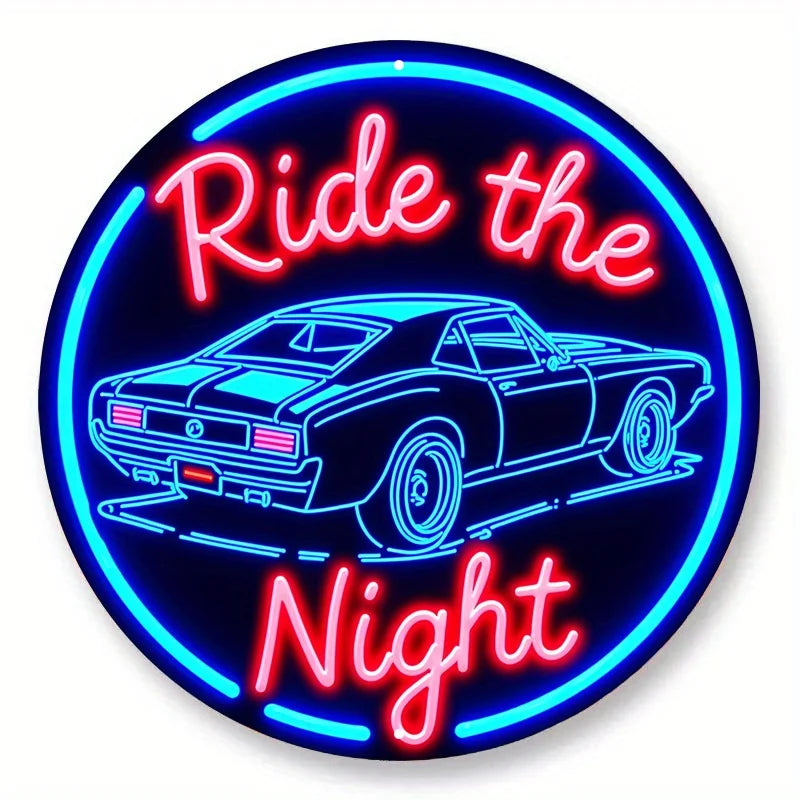 Vintage Muscle Car Neon Sign 7.8" Aluminum Wall Art - 'Night Ride' Blue & White Bar Cafe Beach Decor