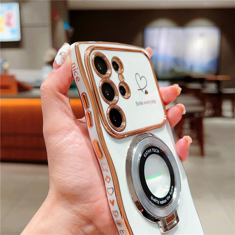 Rotatable Magnetic Kickstand Silicone Phone Case For Samsung S26 Ultra S25Edge S24/23FE S22 Plus Electroplating Love Heart Shell