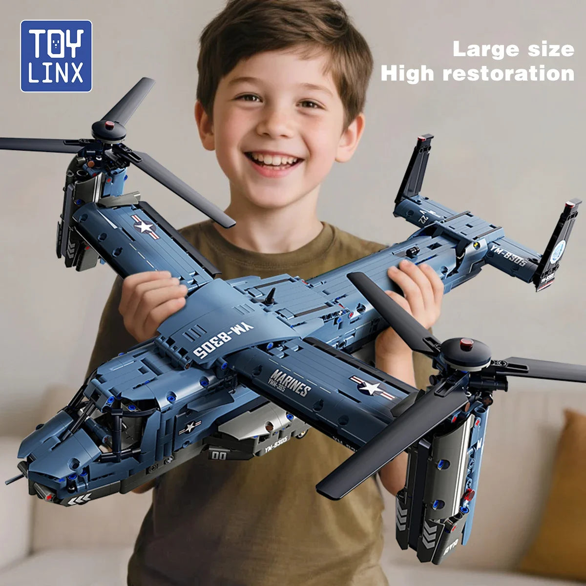 Military V-22 Osprey Tiltrotor Building Blocks Set Large Size High-Fidelity Sliding Roller Aircraft Model Propellers Bricks Toy