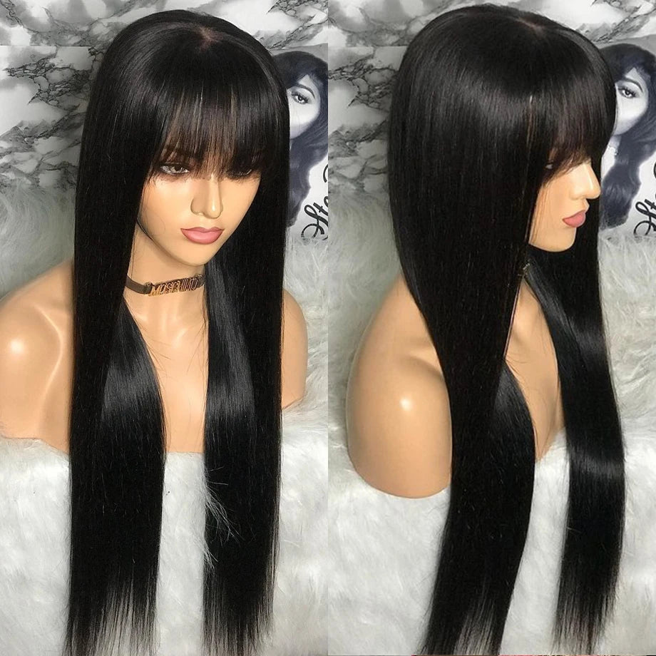 Straight Human Hair Wig Black Color Full Woven With Bangs 3x1 Lace Wig Straight Wigs Brazilian Full Machine Made Wigs For Women
