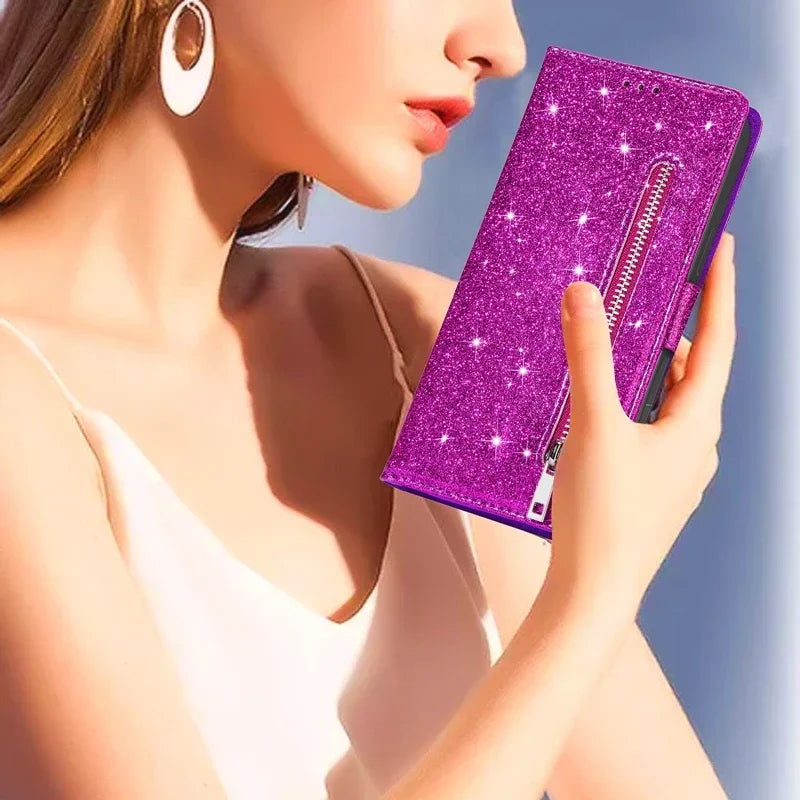 Wallet Glitter Zipper Flip Leather Case For Samsung Galaxy S25 Edge S24 S23 S22 Ultra S21/S20 FE A15 A16 A17 A35 A36 A54 A55 A56