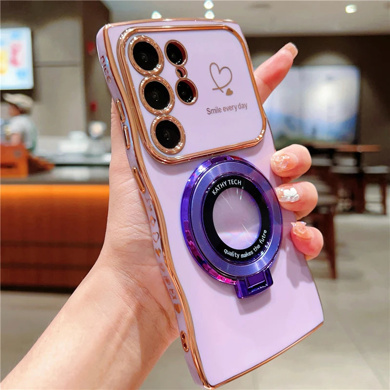 Rotatable Magnetic Kickstand Silicone Phone Case For Samsung S26 Ultra S25Edge S24/23FE S22 Plus Electroplating Love Heart Shell