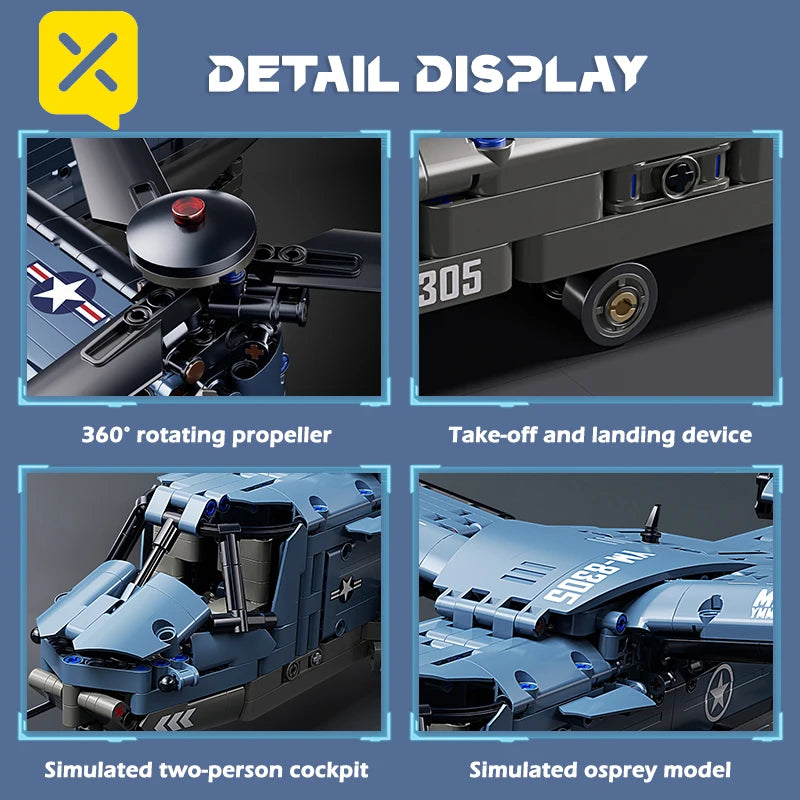 Military V-22 Osprey Tiltrotor Building Blocks Set Large Size High-Fidelity Sliding Roller Aircraft Model Propellers Bricks Toy