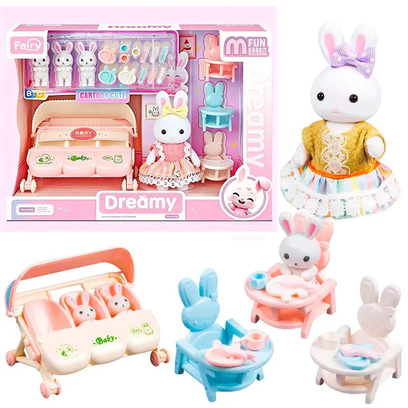 Dollhouse Furniture Miniature Bunny Nursery Pretend Play Set with Dolls & Stroller Kids Role Play Toy Toddlers Birthday Gifts